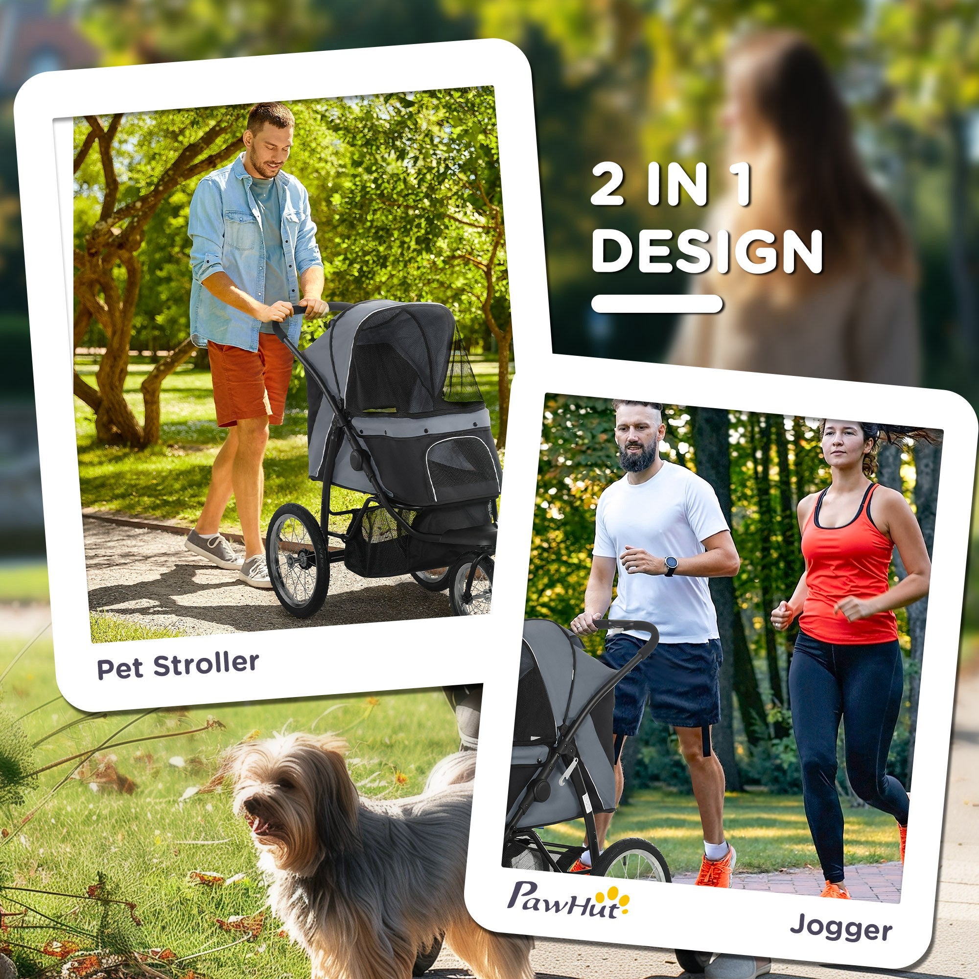 PawHut Dog Pram Dog Stroller Jogger Foldable Pet Pushchair for Medium, Small Dogs, w/ Rubber Wheels, Washable Cushion - Grey 