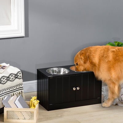 PawHut Raised Pet Feeder, with Two Bowls, Storage - Black 