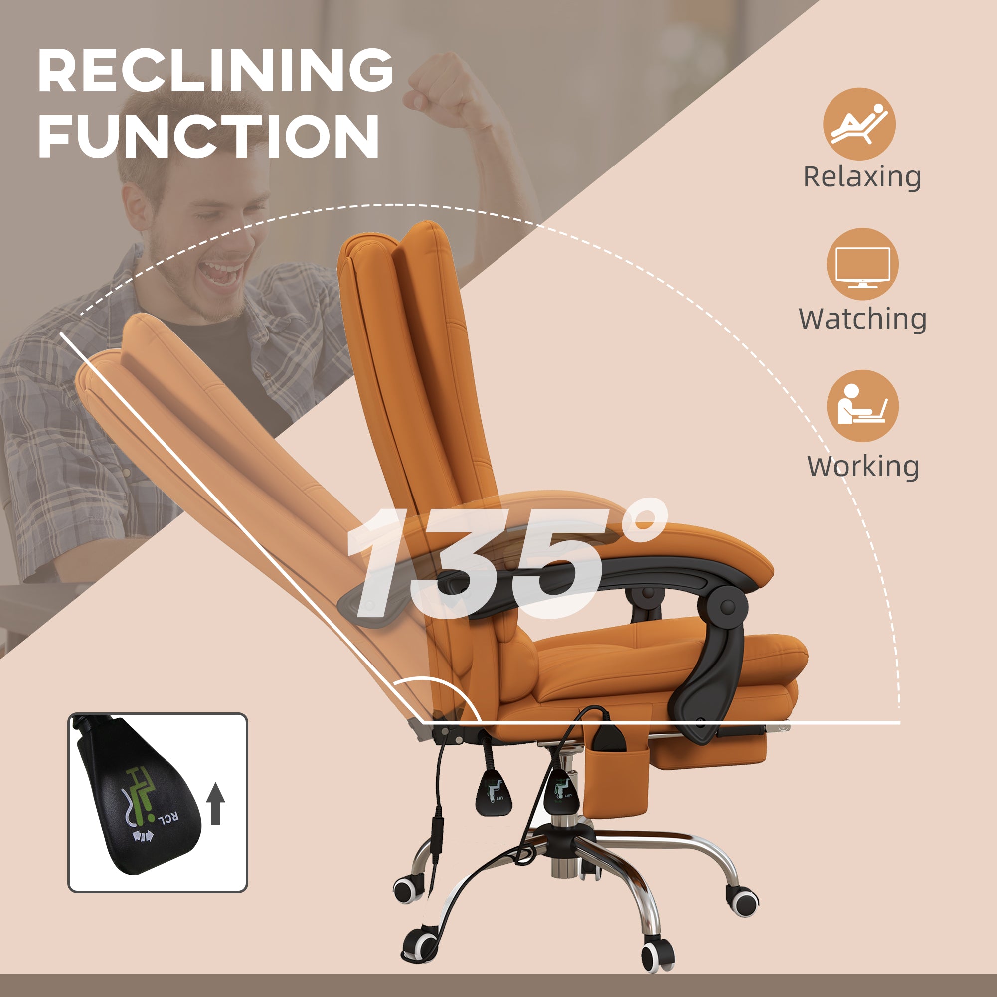 Vinsetto High Back Vibration Massage Office Chair, Heated Reclining PU Leather Computer Chair with 135\'c2\'b0 Reclining Back and Footrest, Light Brown