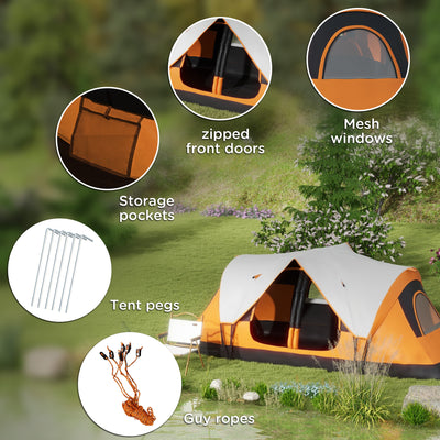 Outsunny Six-Man Tent, with Two Rooms, Small Rainfly and Accessories - Orange 
