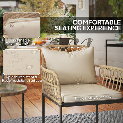 Outsunny 3 Piece Rattan Bistro Set, Wicker Garden Furniture Set with Cushions, Glass Top Coffee Table and Chairs for Outdoor, Patio, Balcony, Beige 