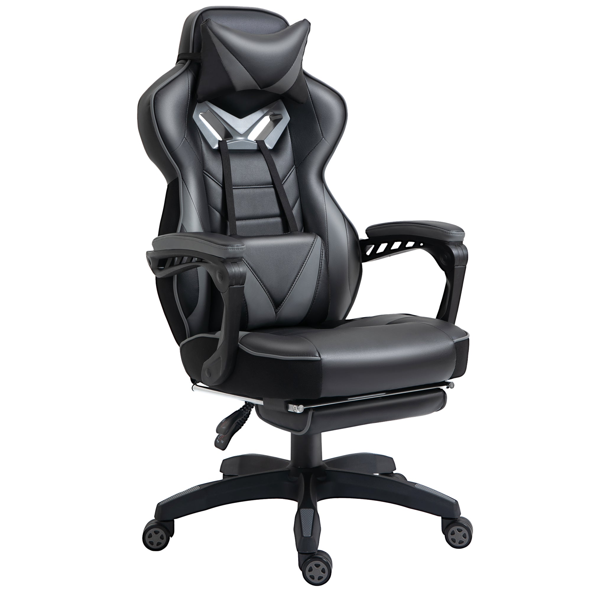 Vinsetto Computer Gaming Chair, Racing Desk Chair with Lumbar Support and Footrest, PU Leather Gamer Chair with Headrest and Swivel Wheels for Home, Grey 