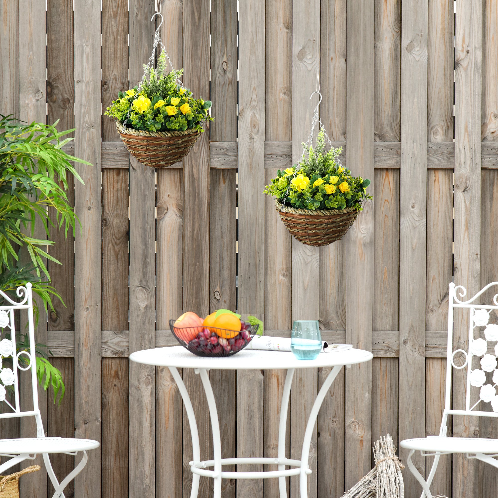Outsunny Pack of 2 Faux Plant Artificial Lisianthus Flowers Hanging Planter with Basket for Indoor Outdoor Decoration, Yellow 