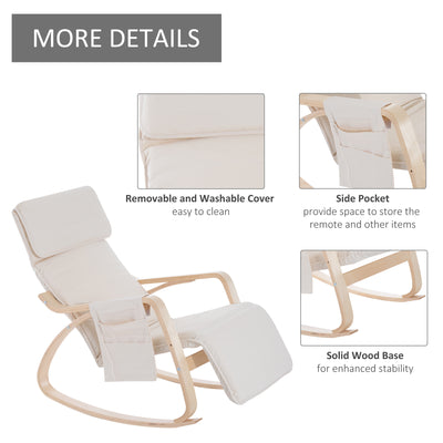 HOMCOM Rocking Lounge Chair Recliner Relaxation Lounging Relaxing Seat with Adjustable Footrest, Side Pocket and Pillow, Cream White 