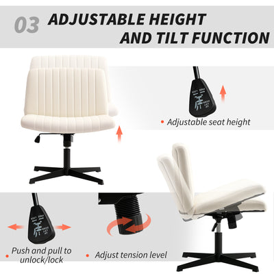 HOMCOM Armless Office Chair No Wheels, Linen Fabric Criss Cross Legged Desk Chair with Wide Seat, Thick Padding, Tilt Function, Height Adjustable Swivel Computer Seat for Home, Cream 