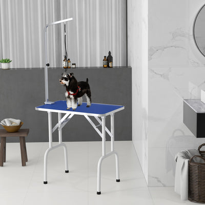 PawHut 32" Foldable Dog Grooming Table Pet Drying Beauty Table Adjustable Fixed Arm Rubber Top, Blue 