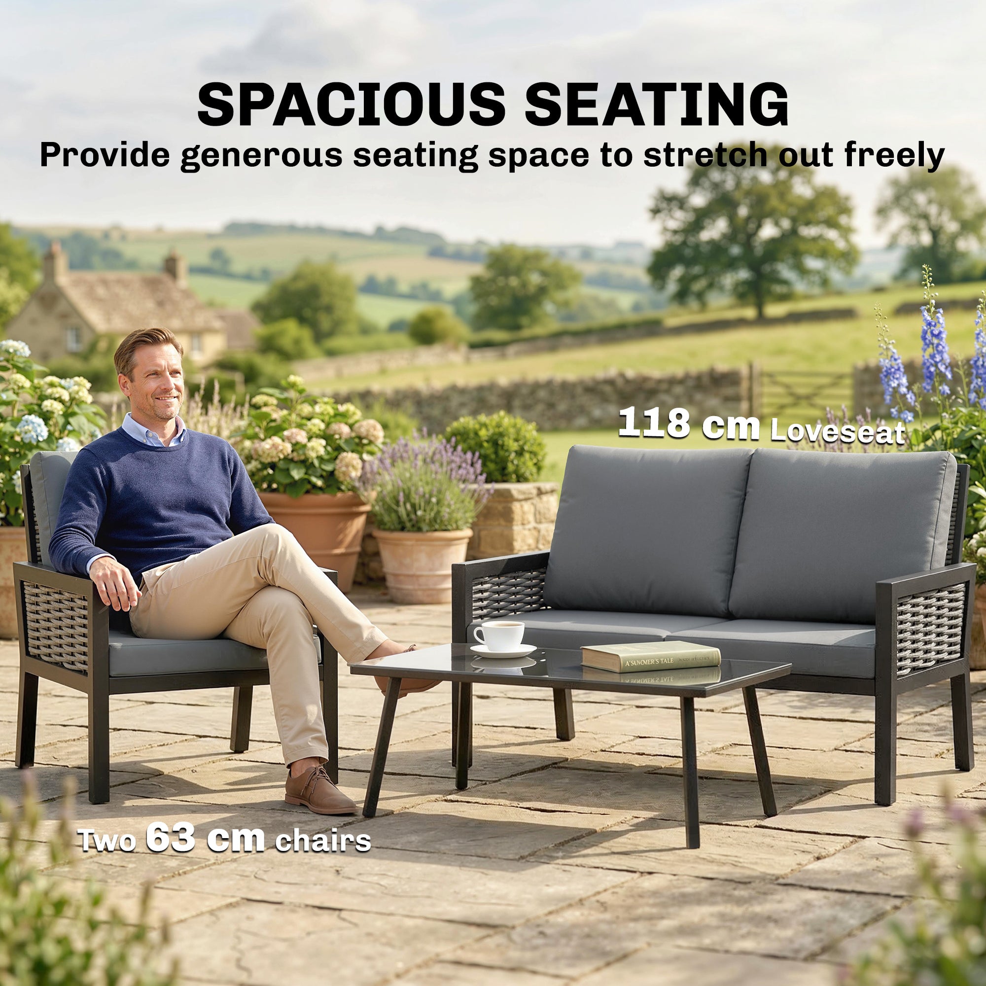 Outsunny 4 Seater Rattan Garden Furniture Set with 2 Armchairs, Loveseat, Coffee Table, Garden Sofa Set with Cushions, Dark Grey 
