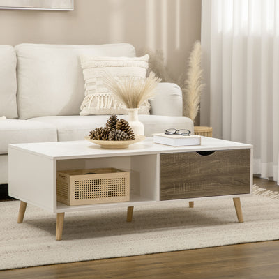 HOMCOM Coffee Table, Modern Tea Table with Open Storage Shelves, Two Drawers and Solid Wood Legs, Coffee Tables for Living Room, Bed Room, White 