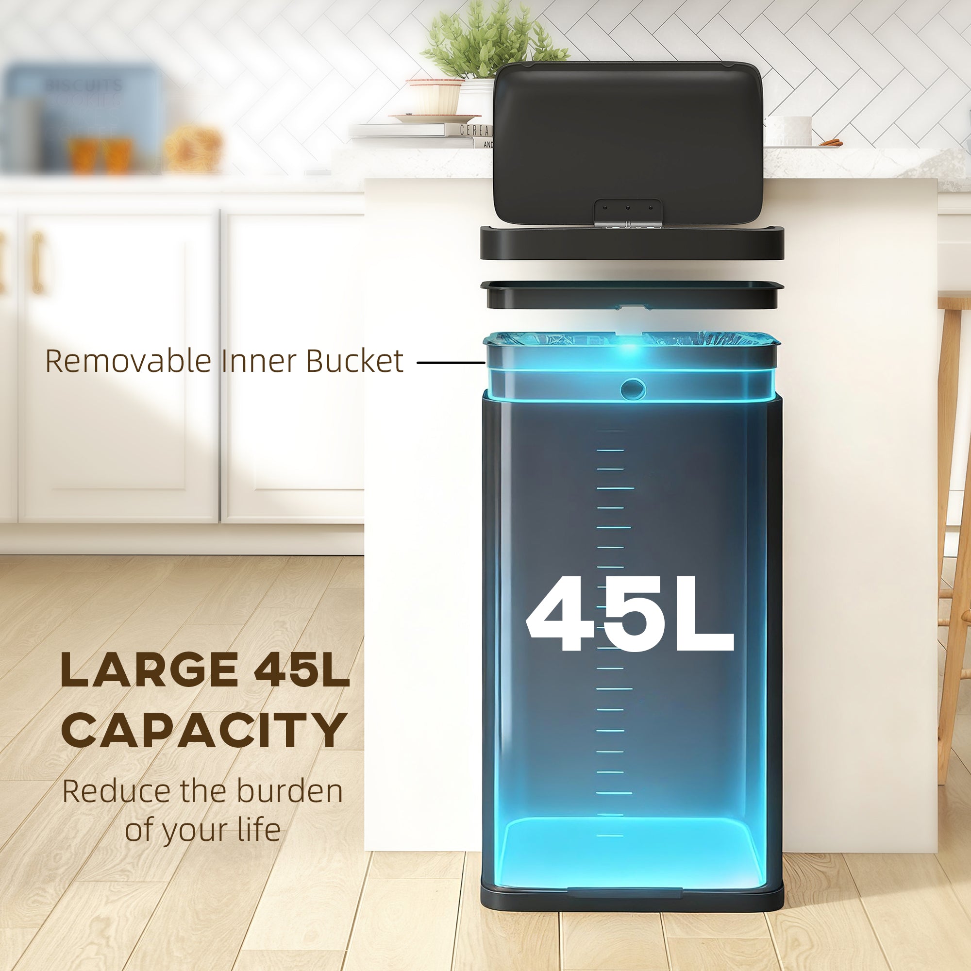 HOMCOM 45L Kitchen Sensor Bin - Black 