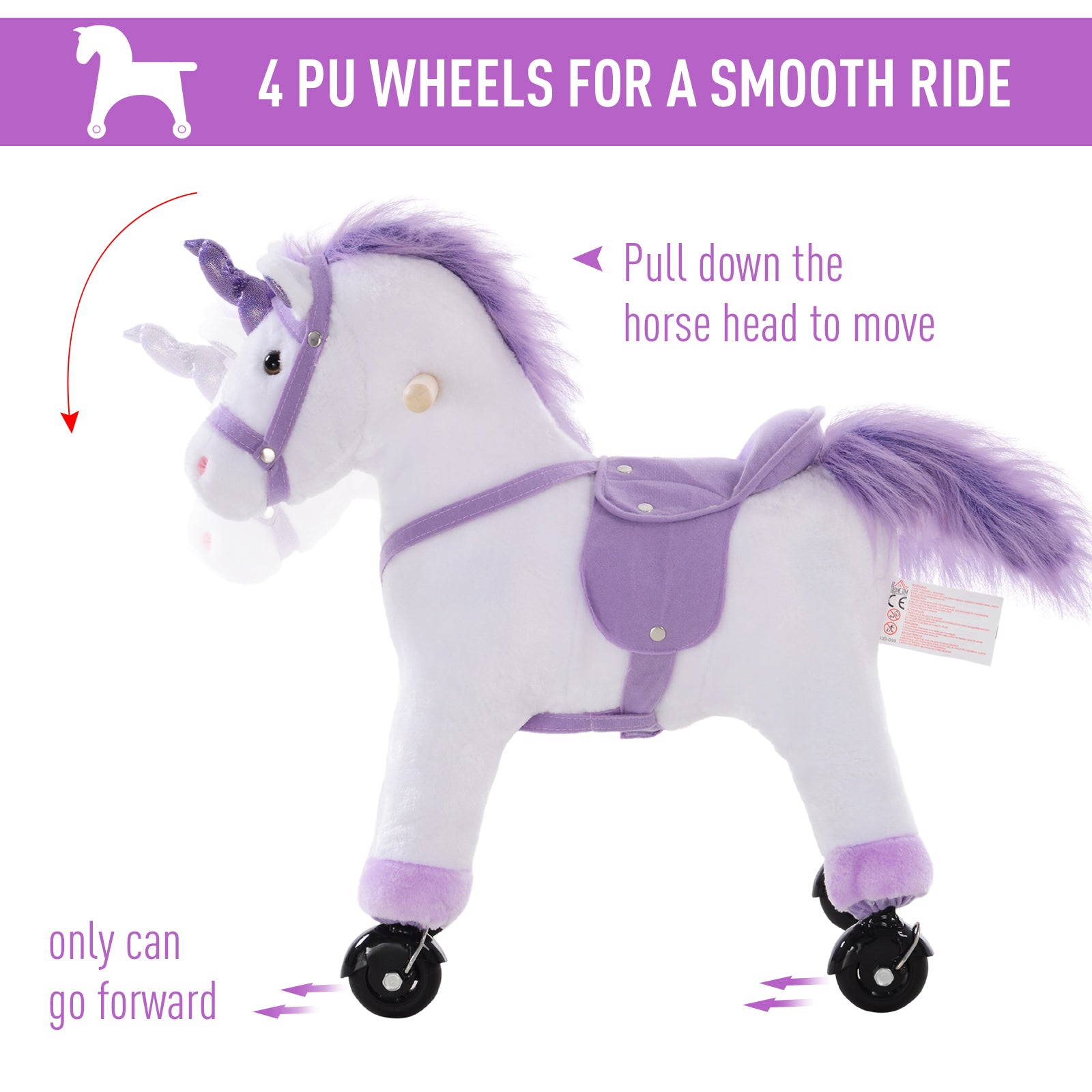 HOMCOM Kids Rocking Horse Plush Ride on Walking Unicorn Horse w/Realistic Sound  Ride On Rocker with Handlebar for Age 3+ Purple 