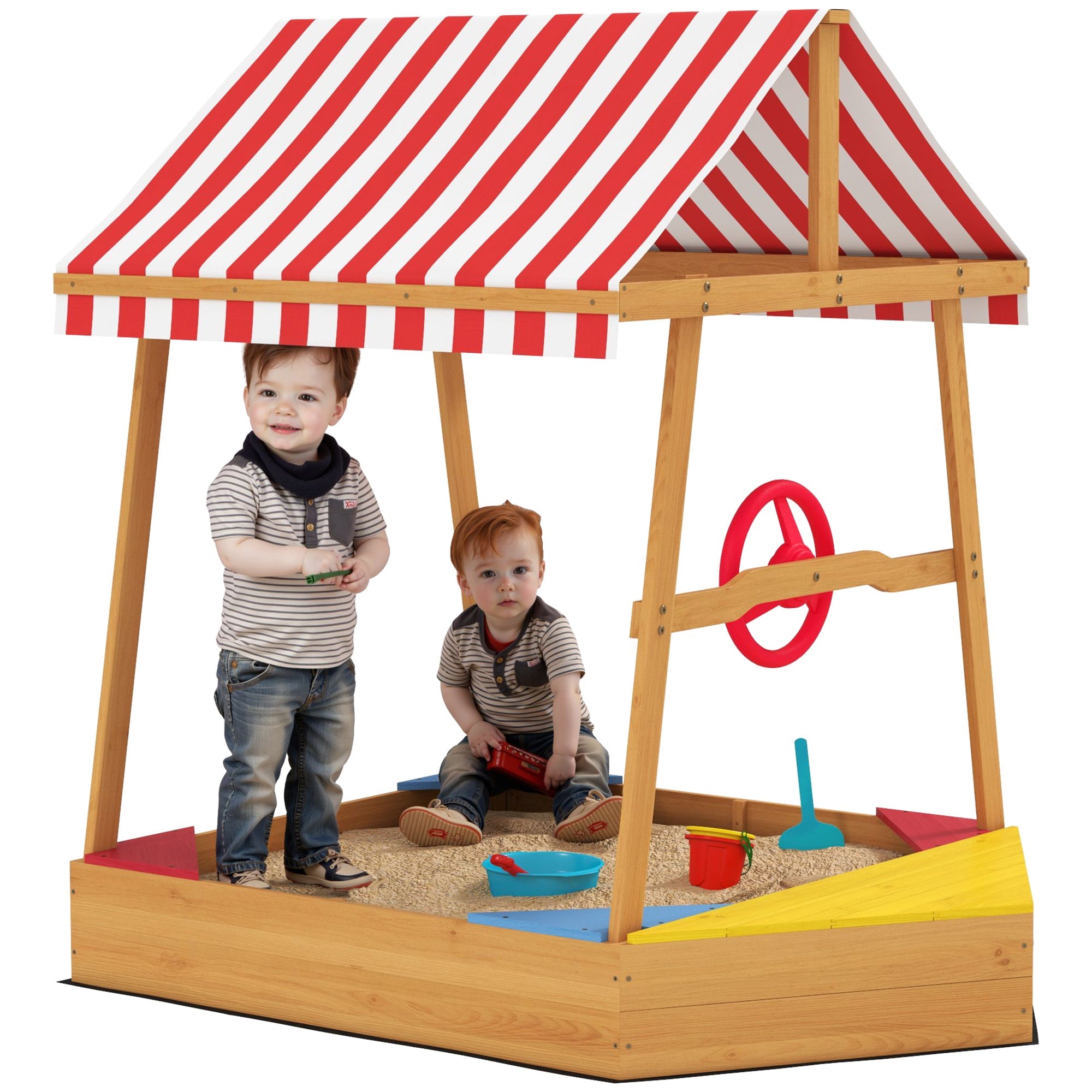 AIYAPLAY Wooden Kids Sandpit Boat Style with Canopy, 4 Seats, Rudder, Bottom Liner, for Children 3-8 Years, Yellow 