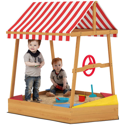 AIYAPLAY Wooden Kids Sandpit Boat Style with Canopy, 4 Seats, Rudder, Bottom Liner, for Children 3-8 Years, Yellow 