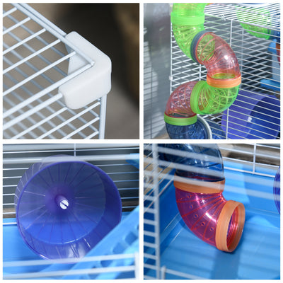 Pawhut 2 Tier Hamster Cage, Gerbil Cage with Handle, Exercise Wheels, Tunnel, Tube, Water Bottle, Dishes, Ladder, for Dwarf, Blue 