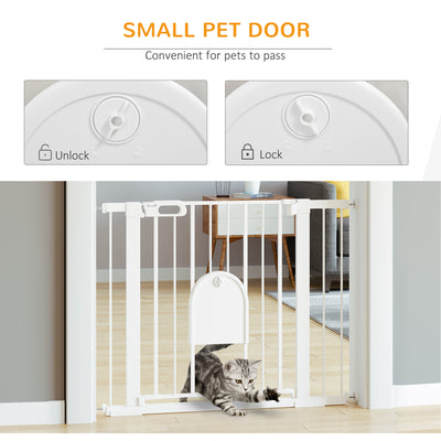 PawHut Dog Gate with Cat Flap Pet Safety Gate Barrier, Stair Pressure Fit, Auto Close, Double Locking, for Doorways, Hallways, 75-103 cm White 