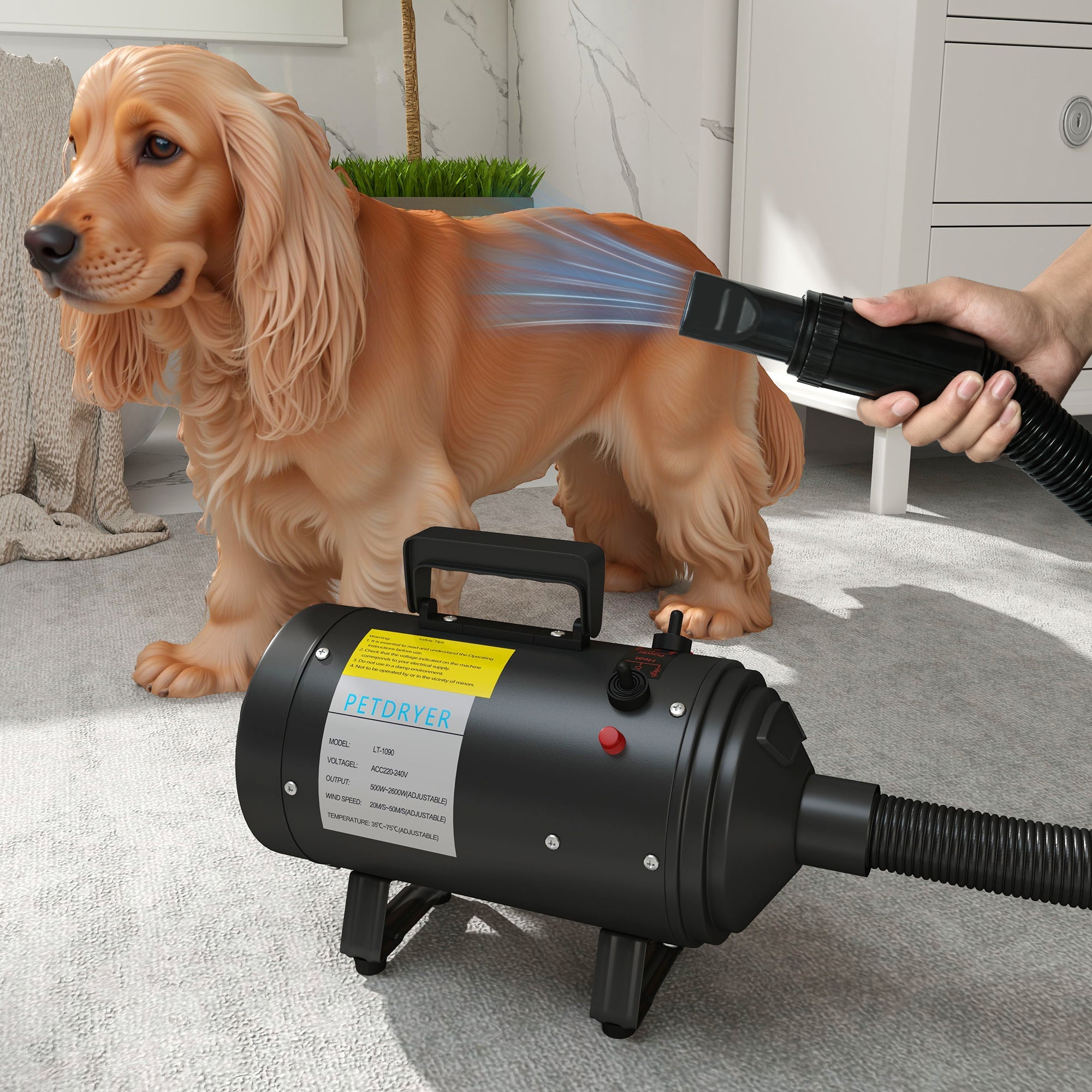 PawHut 2200W Dog Hair Dryer with Adjustable Temperature & Velocity, 3 Different Nozzles, Black 