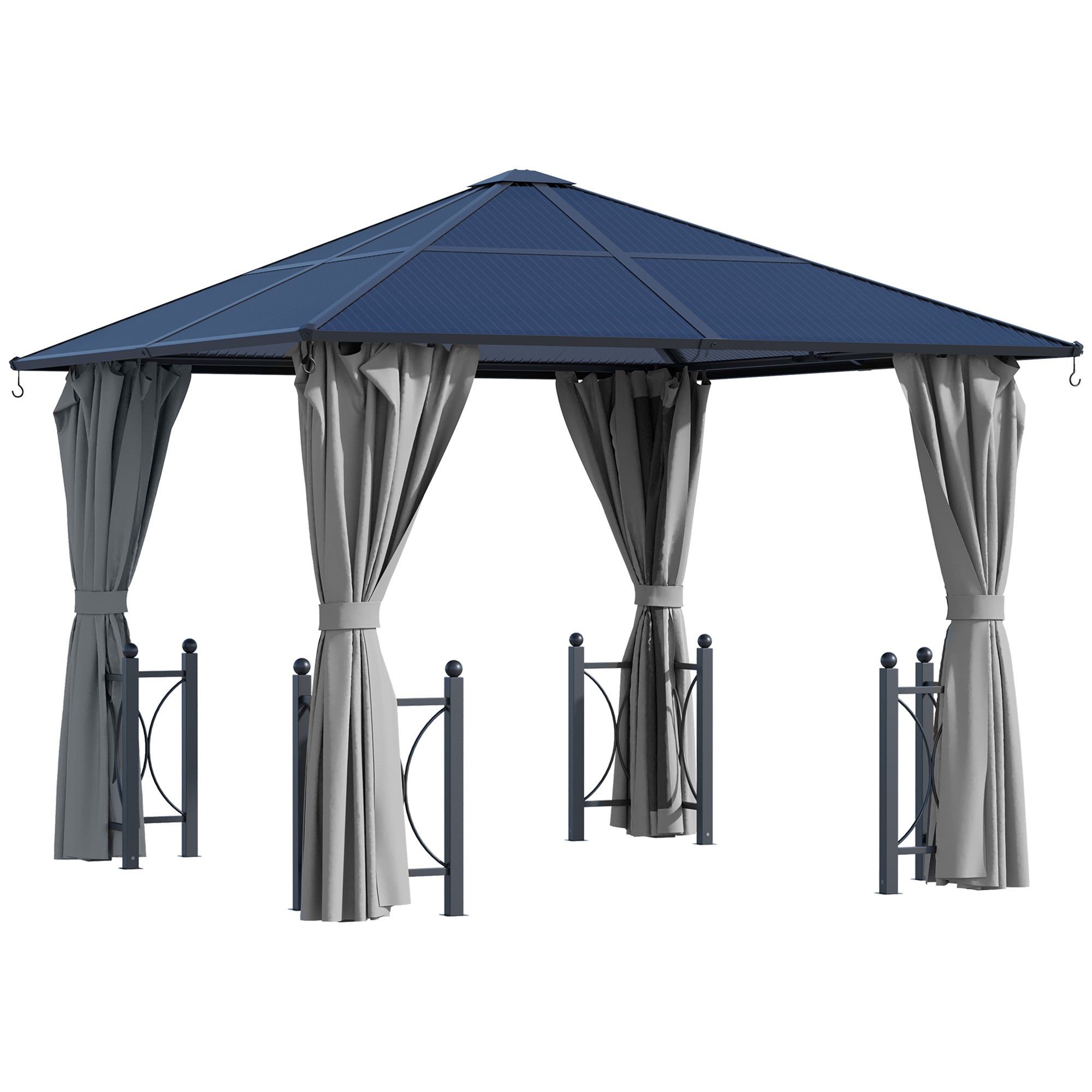 Outsunny 3 x 3(m) Hardtop Gazebo Canopy with Polycarbonate Roof, Steel & Aluminium Frame, Garden Pavilion with Mosquito Netting and Curtains, Black 