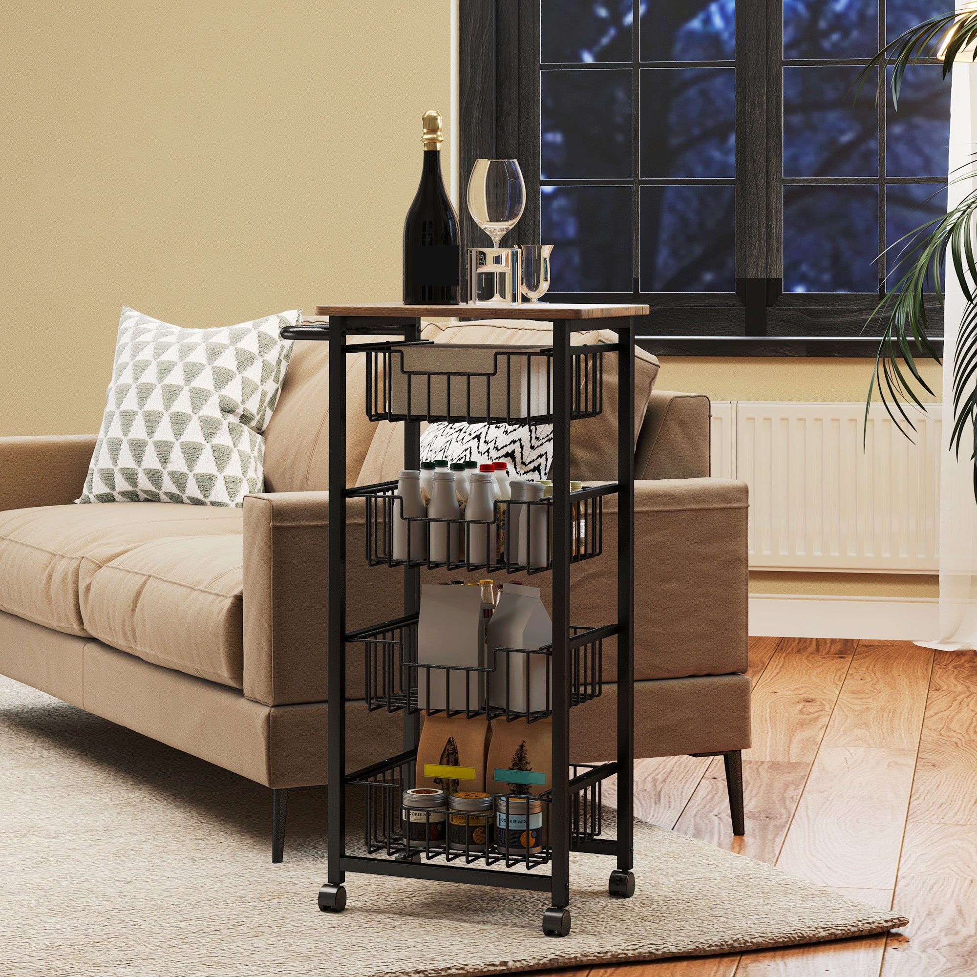 HOMCOM Four Basket Mobile Kitchen Island, with Brakes - Oak/Black