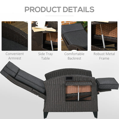 Outsunny Outdoor Recliner Chair with Adjustable Backrest and Footrest, Cushion, Side Tray, Grey 