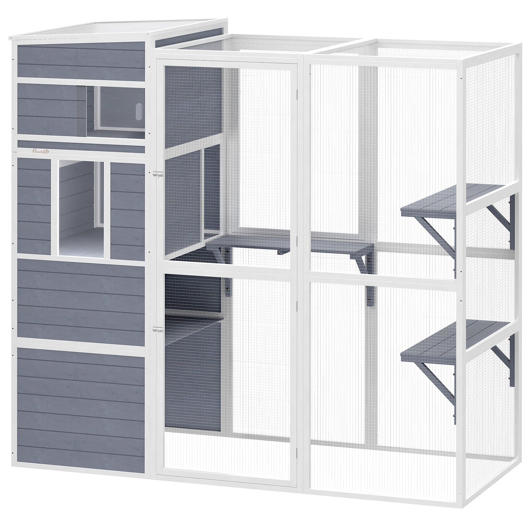 PawHut 4-Tier Wooden Catio Cat Outdoor Enclosure with Sun Roof, Resting Rooms, 3 Platforms, Window Outdoor Indoor, Grey 