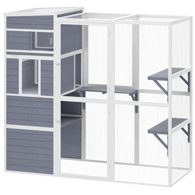 PawHut 4-Tier Wooden Catio Cat Outdoor Enclosure with Sun Roof, Resting Rooms, 3 Platforms, Window Outdoor Indoor, Grey 