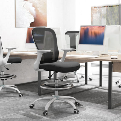 HOMCOM Draughtsman Chair, Mesh Drafting Chair, Ergonomic Office Chair with Flip-up Armrest, Adjustable Foot Ring, Black White 
