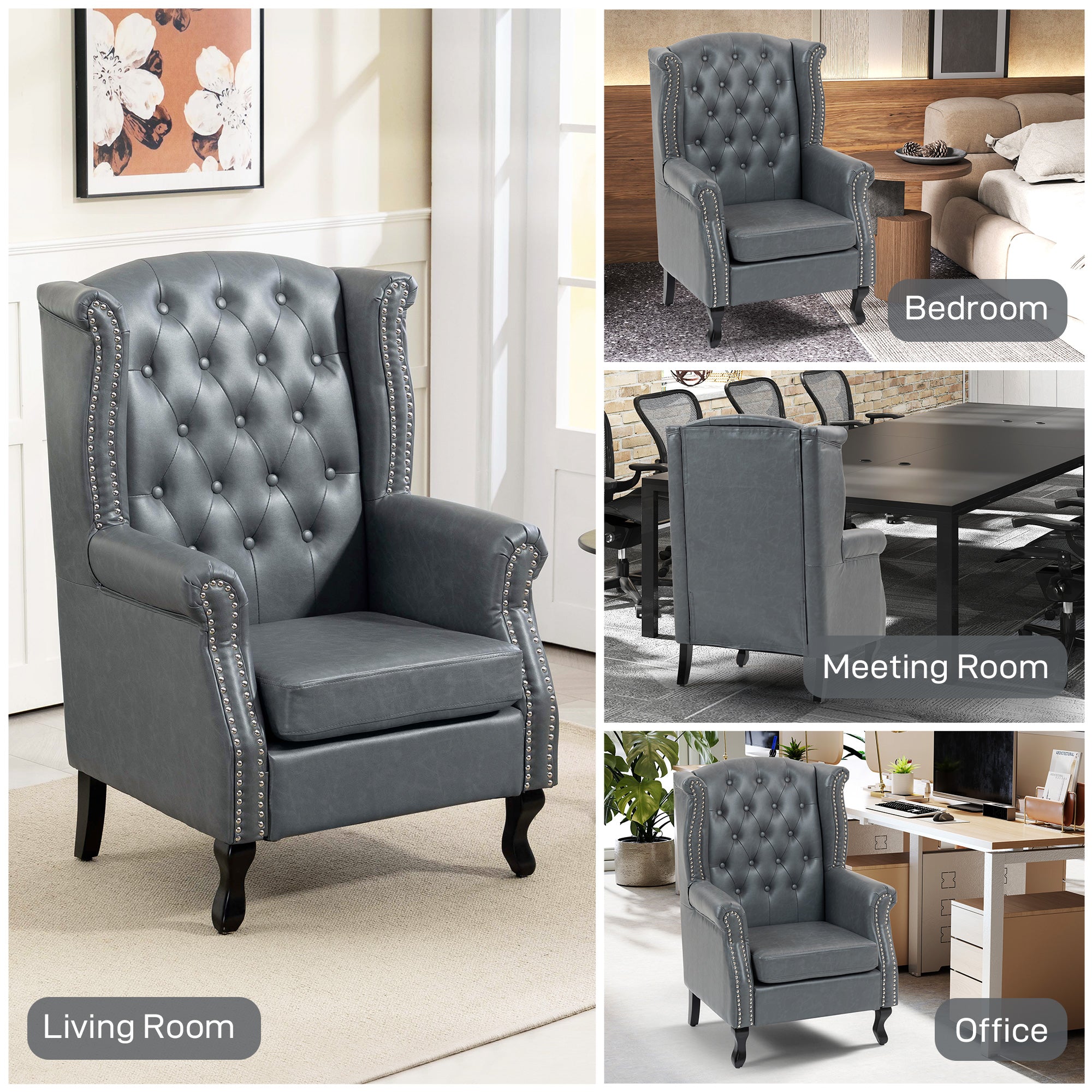 HOMCOM Wingback Accent Chair Tufted Chesterfield-style Armchair with Nail Head Trim for Living Room Bedroom Grey