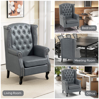 HOMCOM Wingback Accent Chair Tufted Chesterfield-style Armchair with Nail Head Trim for Living Room Bedroom Grey 