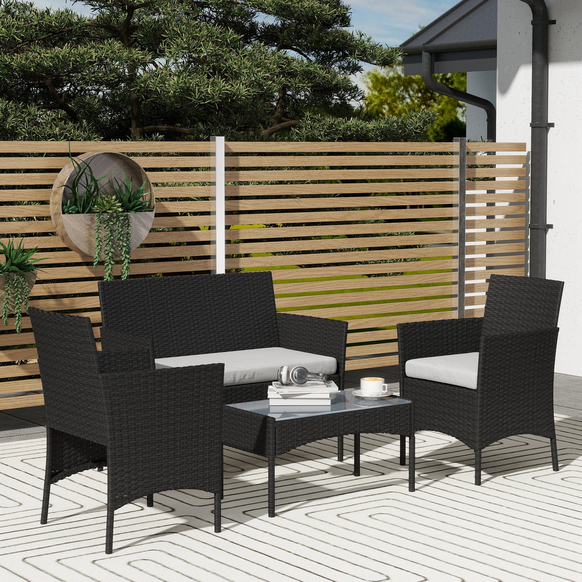 Outsunny 4 Piece Rattan Garden Furniture Sofa Set with Loveseat, Armchairs, Glass-Top Coffee Table and Cushions, Black 