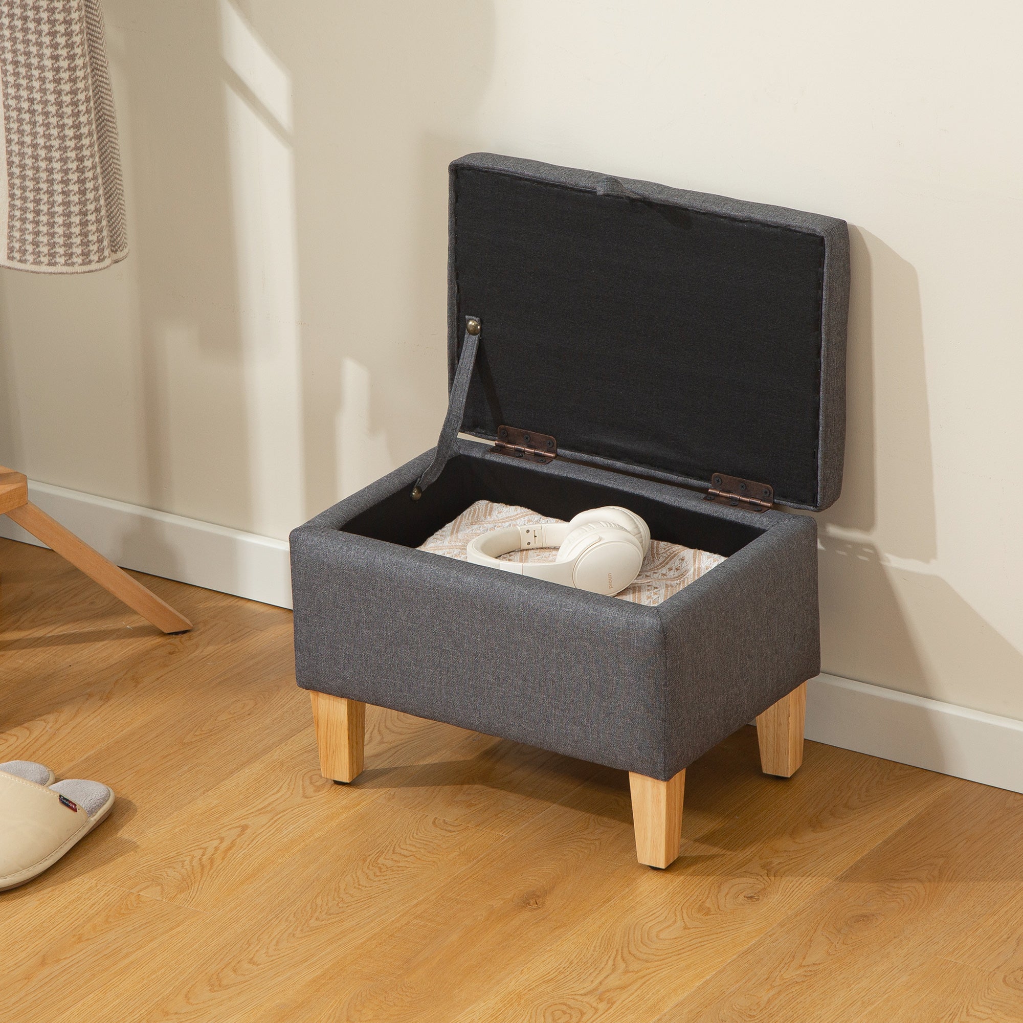 HOMCOM 16L Linen Storage Ottoman Padded Footstool with Rubberwood Legs for Storage Box, Bed End, Shoe Bench, Seating, Charcoal Grey 