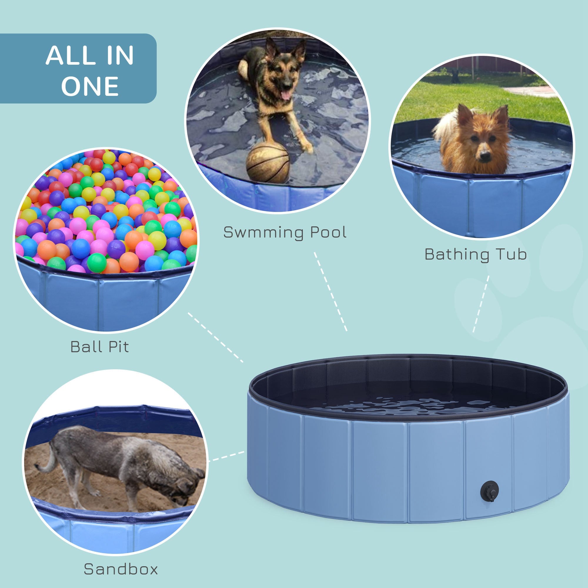 PawHut Foldable Dog Paddling Pool Pet Cat Swimming Pool Indoor/Outdoor Collapsible Summer Bathing Tub Shower Tub Puppy Washer (Φ100 x 30H cm, Blue) 