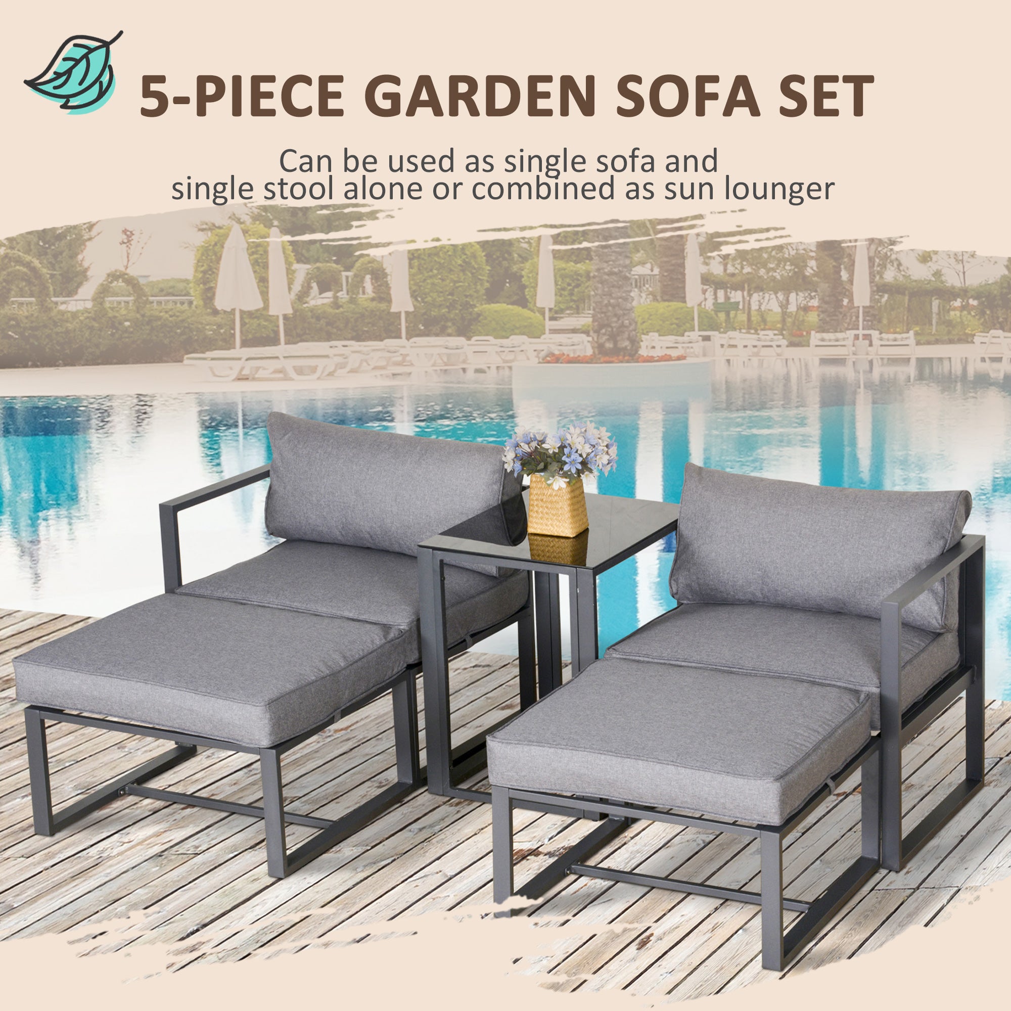 Outsunny 5 Piece Garden Aluminium Conversation Sofa Set Patio Furniture Set Outdoor 2 Sofas 2 Footstools End Table with Cushions 