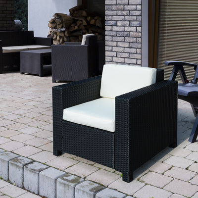Outsunny Single Seater Rattan Chair Sofa with 10 cm Thick Padded Cushion, All-Weather PE Wicker Weave Garden Armchair with Armrests, Black 