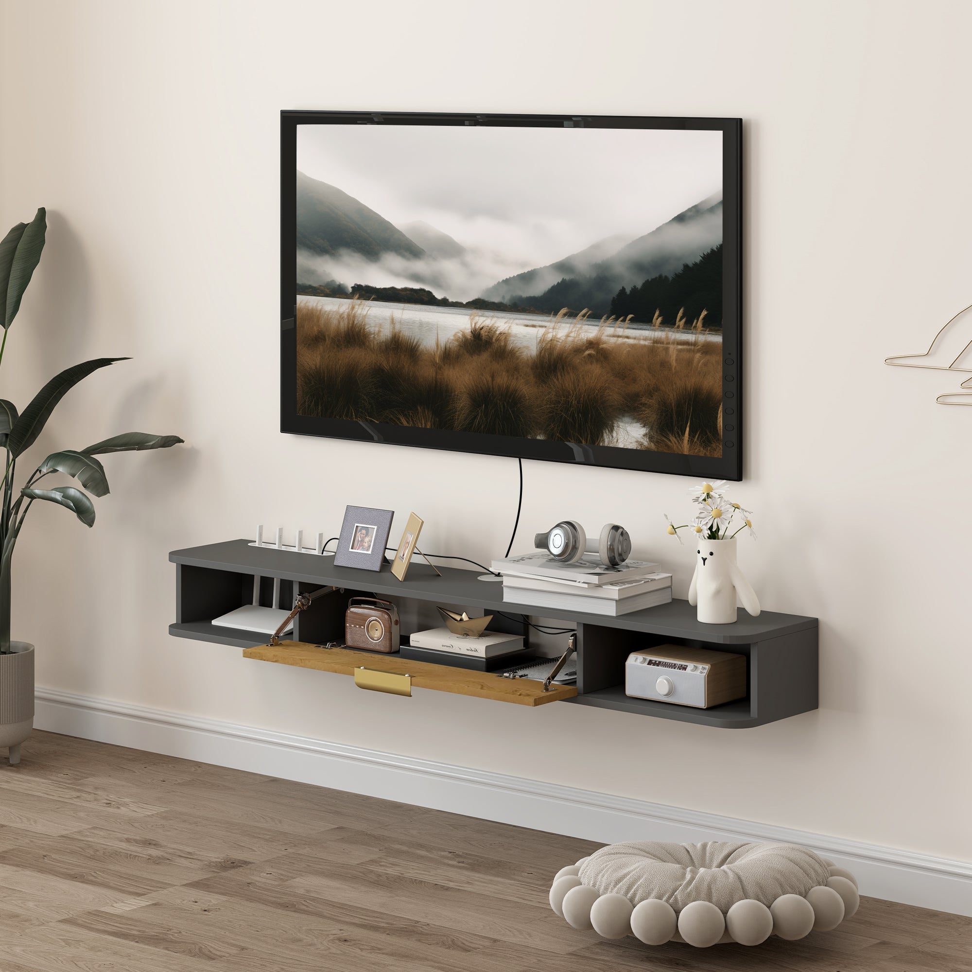 HOMCOM 140 cm Floating TV Stand with Storage - Charcoal Grey 
