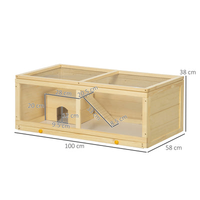 PawHut Wooden Hamster Cage with Sliding Tray, Openable Top, Hut for Syrian Hamsters, Natural Wood 