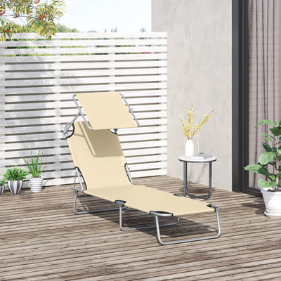 Outsunny Outdoor Foldable Sun Lounger, 4 Level Adjustable Backrest Reclining Sun Lounger Chair with Angle Adjust Sun Shade Awning for Beach, Garden, Patio, Beige 