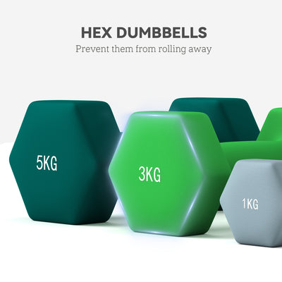 SPORTNOW Dumbbells Set with Carry Storage Rack, Set of 6 Weights for Home Gym Kettlebell Training Weight Lifting Exercise, 2 x 1kg, 2 x 3kg, 2 x 5kg 