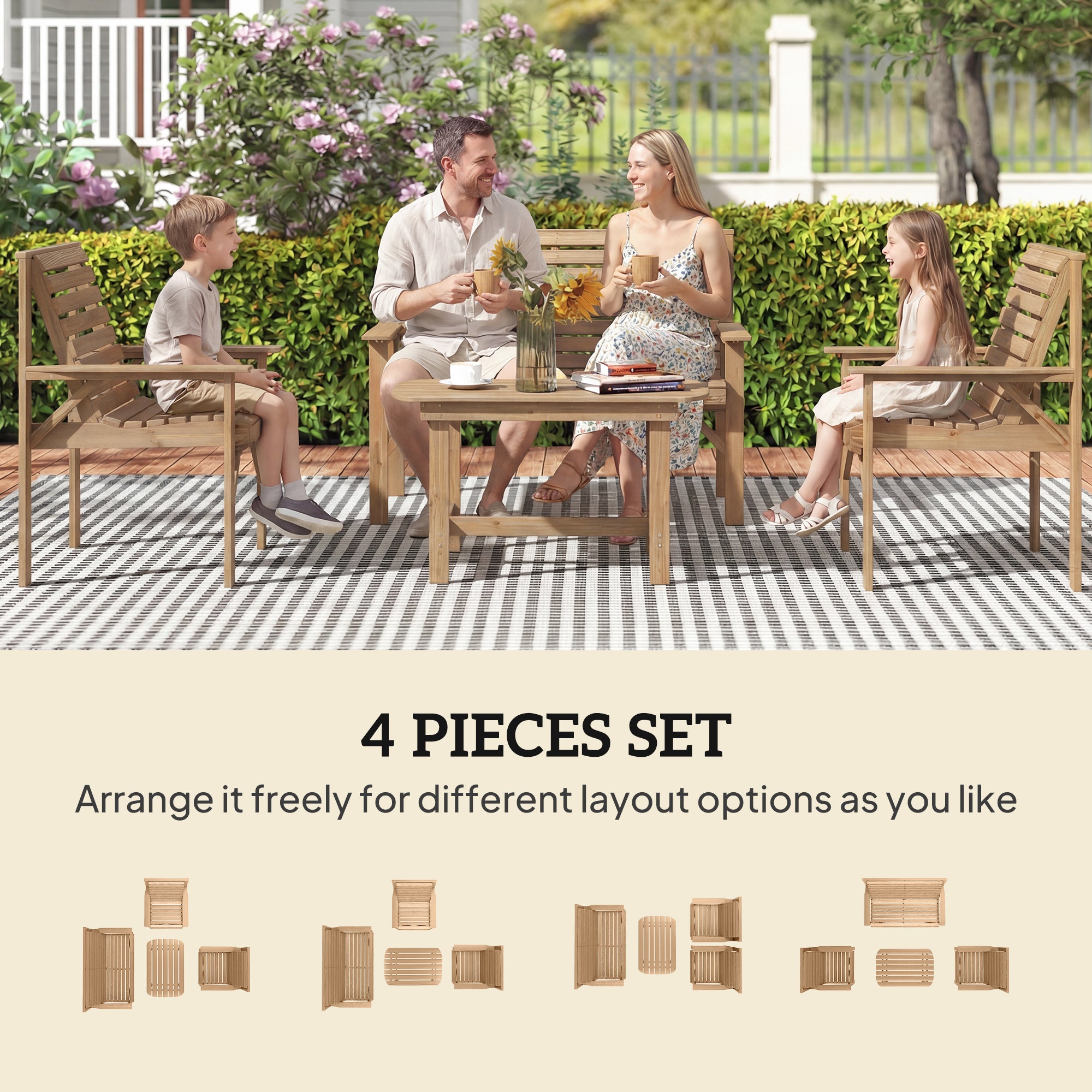 Outsunny 4 Piece Wooden Garden Furniture Set, Outdoor Garden Sofa Set with 2 Armchairs, Loveseat and Coffee Table, Natural Wood 