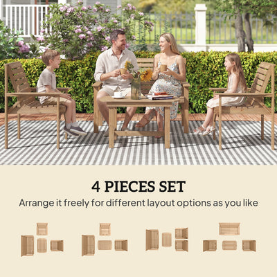 Outsunny 4 Piece Wooden Garden Furniture Set, Outdoor Garden Sofa Set with 2 Armchairs, Loveseat and Coffee Table, Natural Wood 
