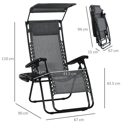 Outsunny 2 Piece Foldable Reclining Garden Chair with Headrest, Zero Gravity Deck Sun Lounger Seat Chair with Footrest, Armrest, Cup Holder & Canopy Shade, Light Grey 