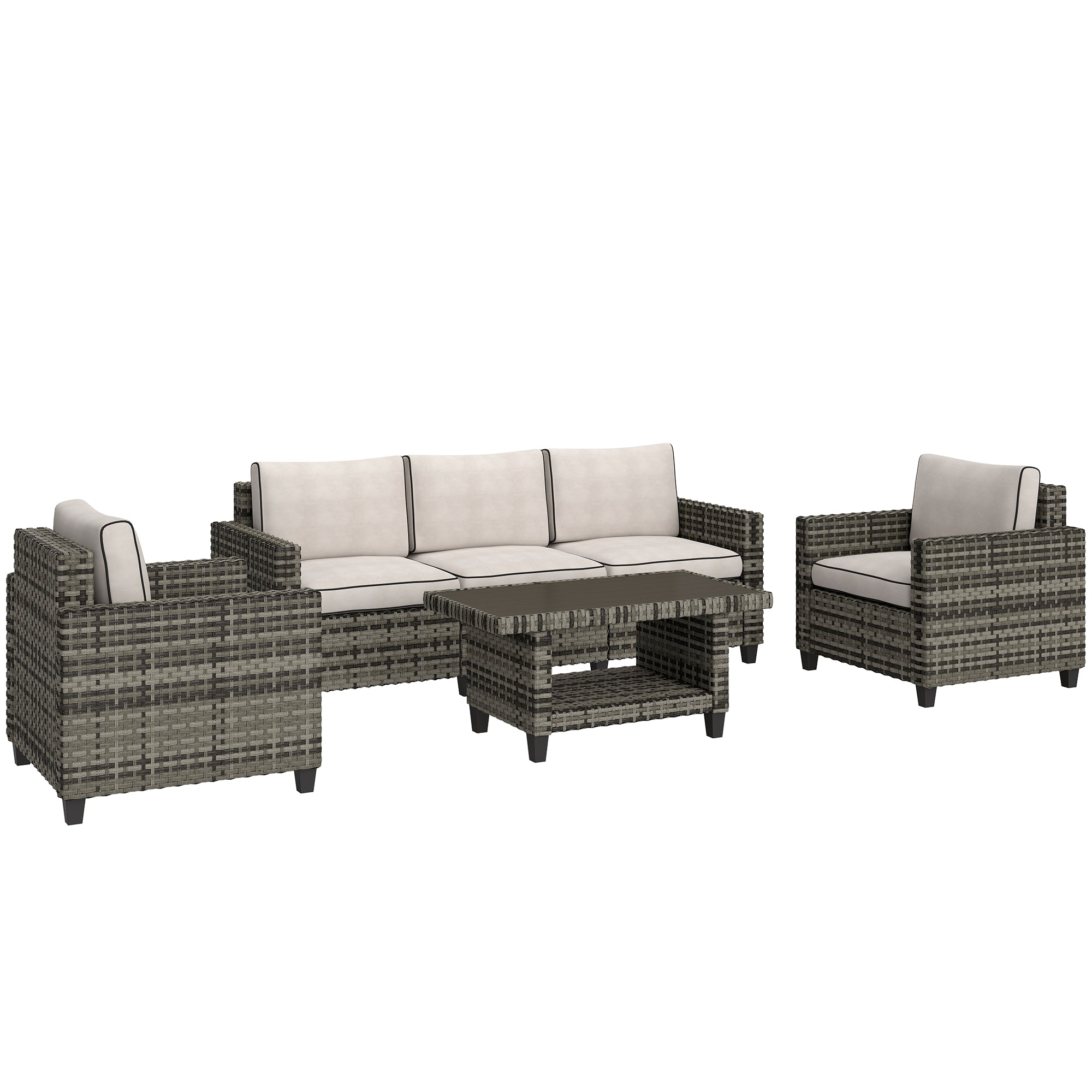 Outsunny 6 Pieces Rattan Garden Furniture Set, 5 Seater Wicker Outdoor Furniture Set with 2 Armchairs, Steel Frame Coffee Table and Cushions for Balcony, Porch, Light Grey 