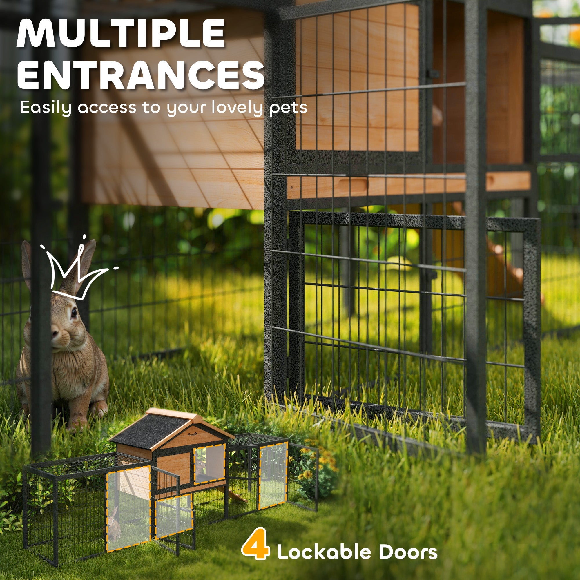 PawHut Wooden Rabbit Hutch Outdoor with Steel Run, Wooden Guinea Pig Cage with Removable Plastic Tray, Asphalt Roof, Ramp 