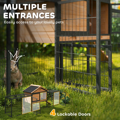 PawHut Wooden Rabbit Hutch Outdoor with Steel Run, Wooden Guinea Pig Cage with Removable Plastic Tray, Asphalt Roof, Ramp 