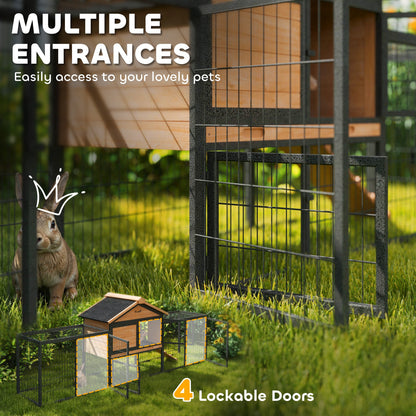 PawHut Wooden Rabbit Hutch Outdoor with Steel Run, Wooden Guinea Pig Cage with Removable Plastic Tray, Asphalt Roof, Ramp 