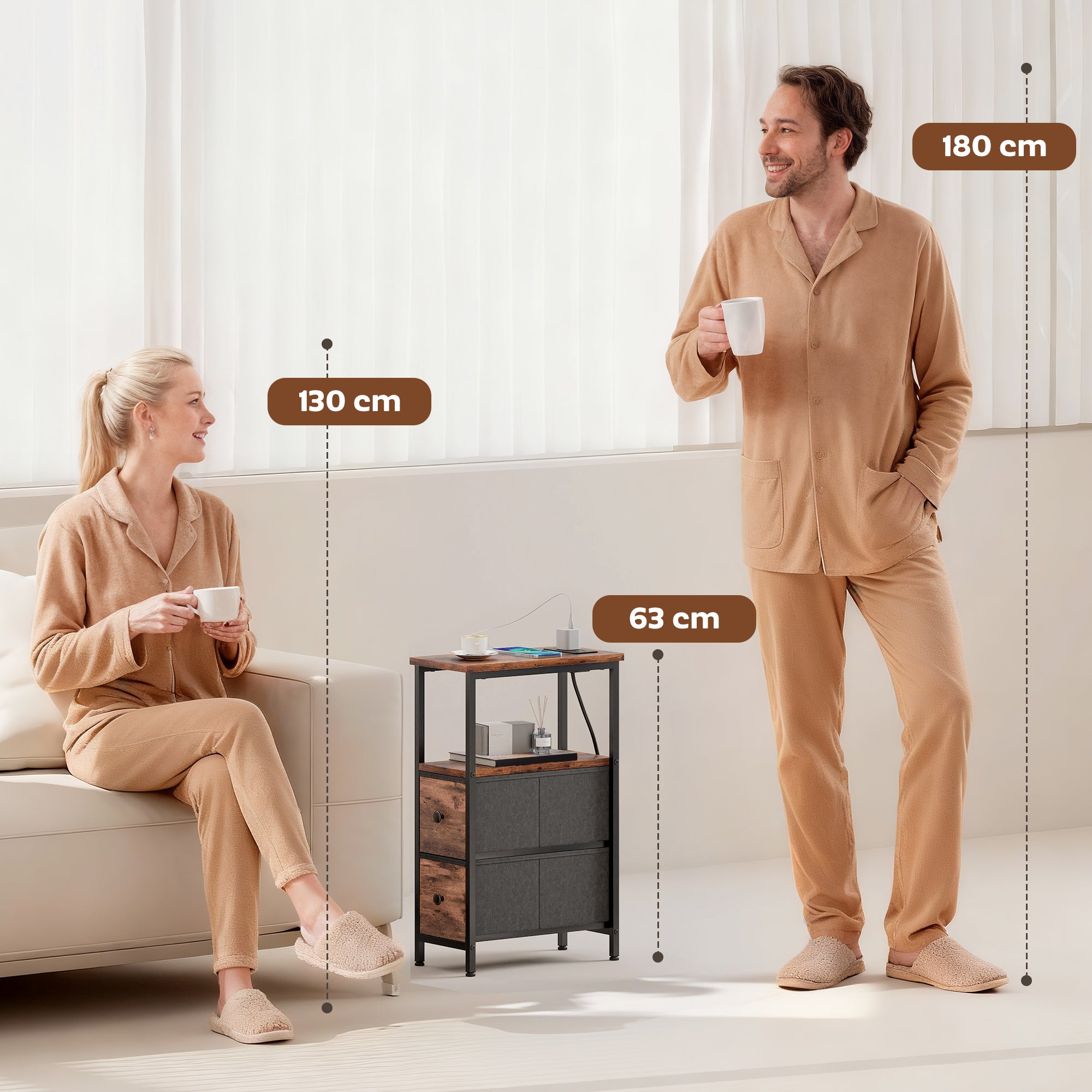 HOMCOM Side Table, Narrow Bedside Table with Charging Station, 2 Drawers, AC Outlet and 2 USB Ports for Living Room, Bedroom 