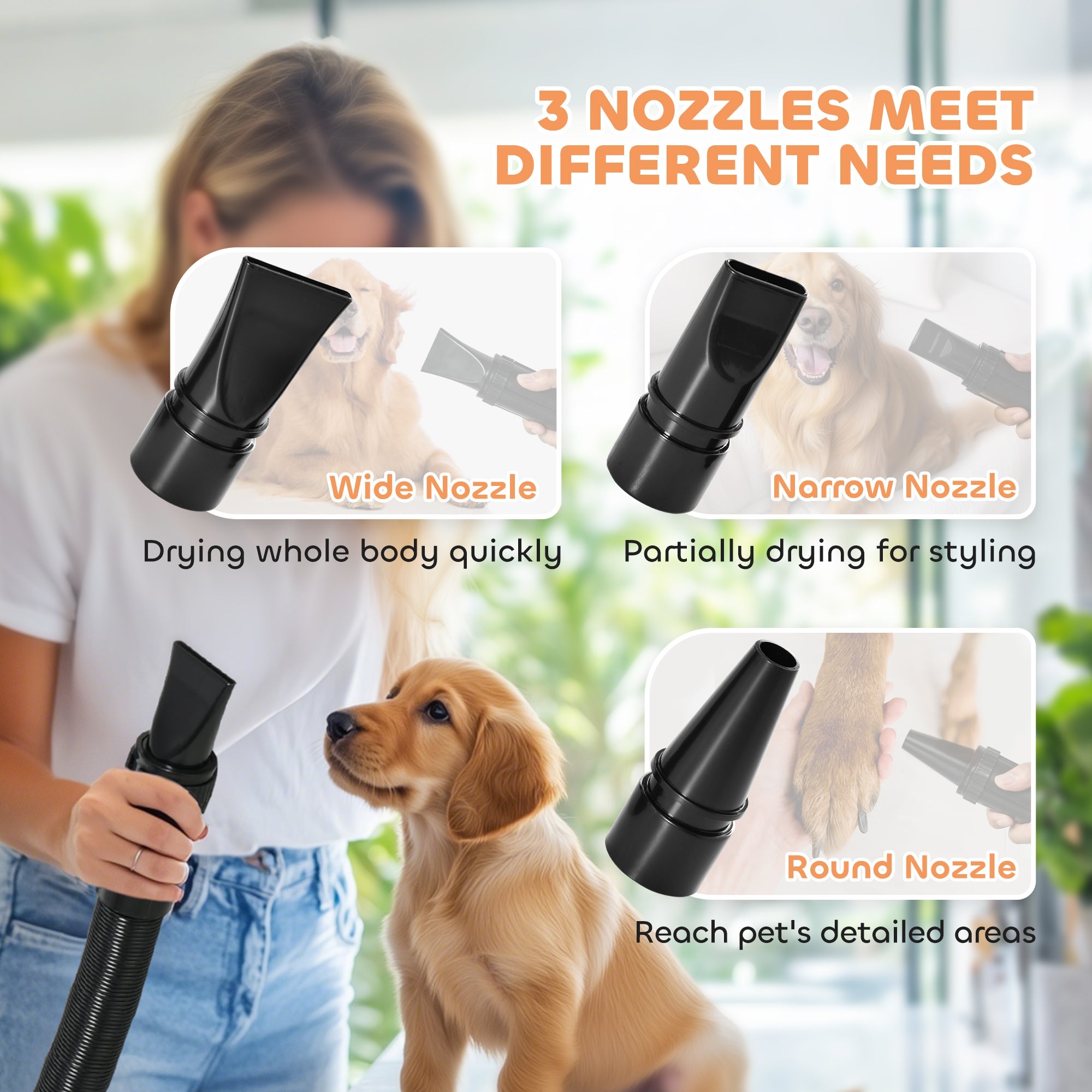 PawHut 2200W Dog Hair Dryer with Auto Adjustable Temperature & Airflow, 3 Nozzles, Digital Screen, for Dogs Cats, White 