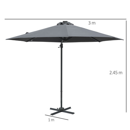 Outsunny 3(m) Cantilever Roma Parasol Patio Sun Umbrella with Crank & Tilt LED Solar Light Cross Base 360\'c2\'b0 Rotating Outdoor, Dark Grey