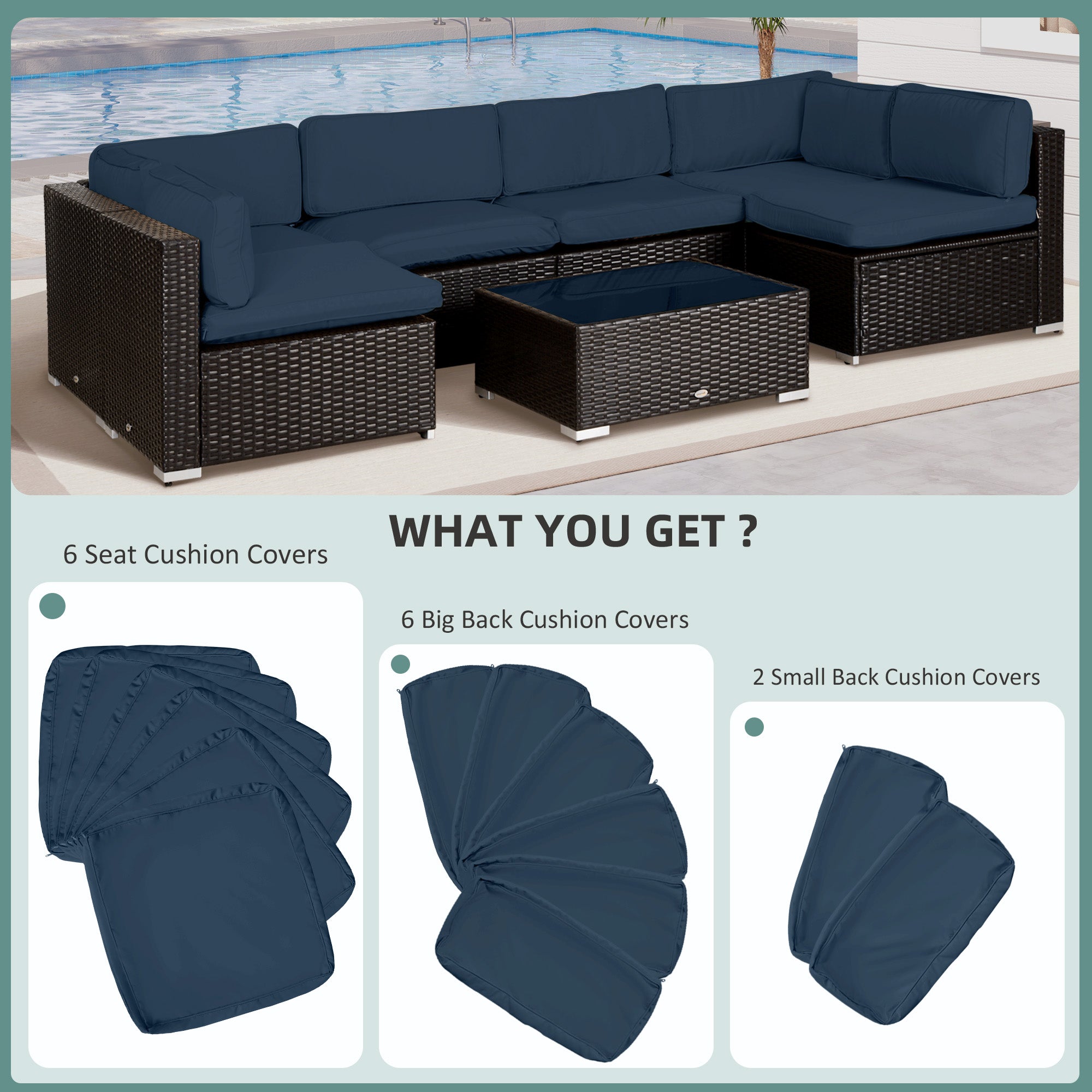 Outsunny Garden Rattan Sofa Cushion Polyester Cover Replacement Outdoor- No Cushion Included, Blue 