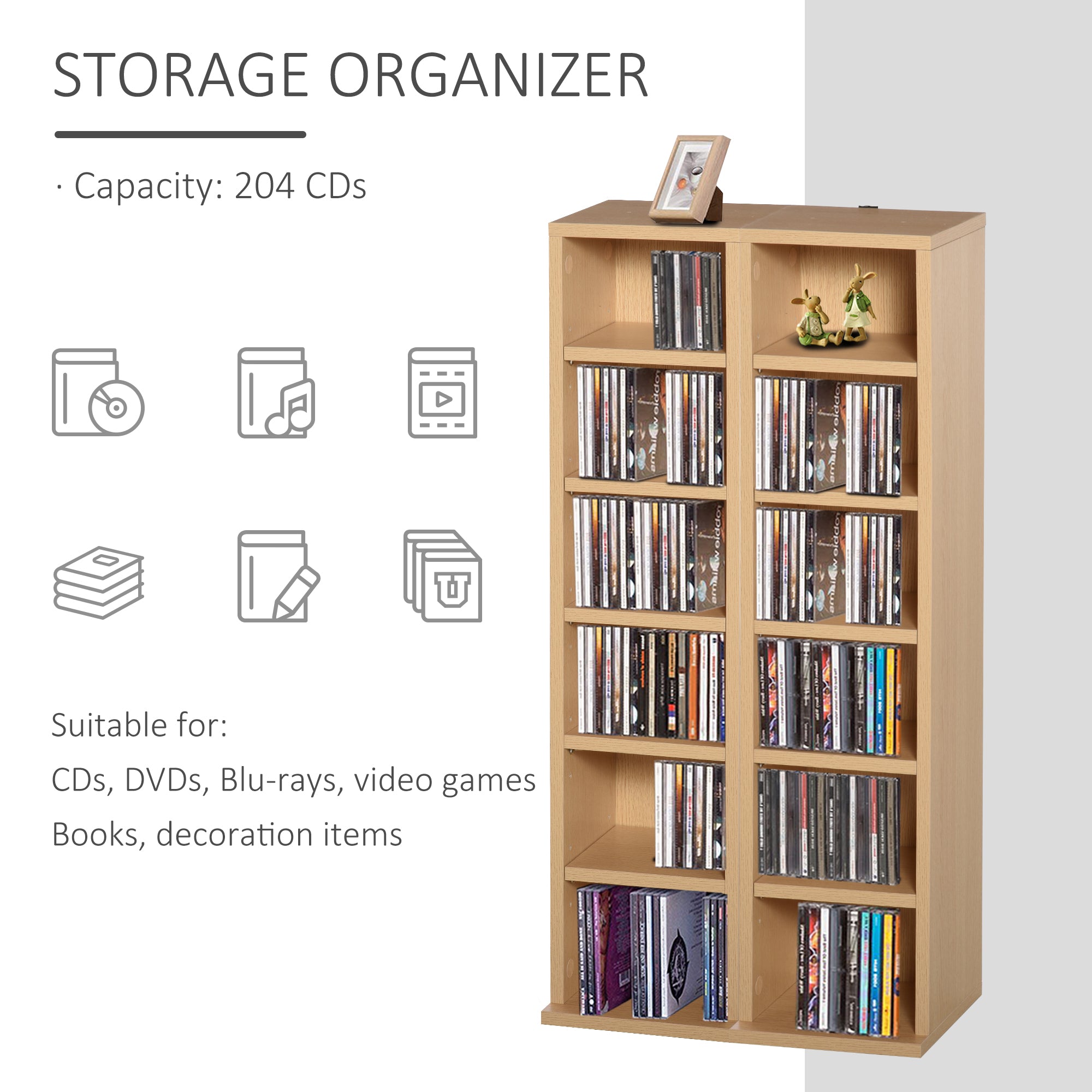 HOMCOM 204 CD Media Display Shelf Unit Set of 2 Blu-Ray Tower Rack w/ Adjustable Shelves Bookcase Storage Organiser, Natural Wood Colour 