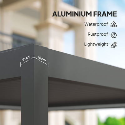 Outsunny 3 x 3(m) Electric Louvered Pergola with LED Lights, Aluminium Pergola Hardtop Gazebo with Remote, Adjustable Roof and Drainage System, Water and UV Proof 