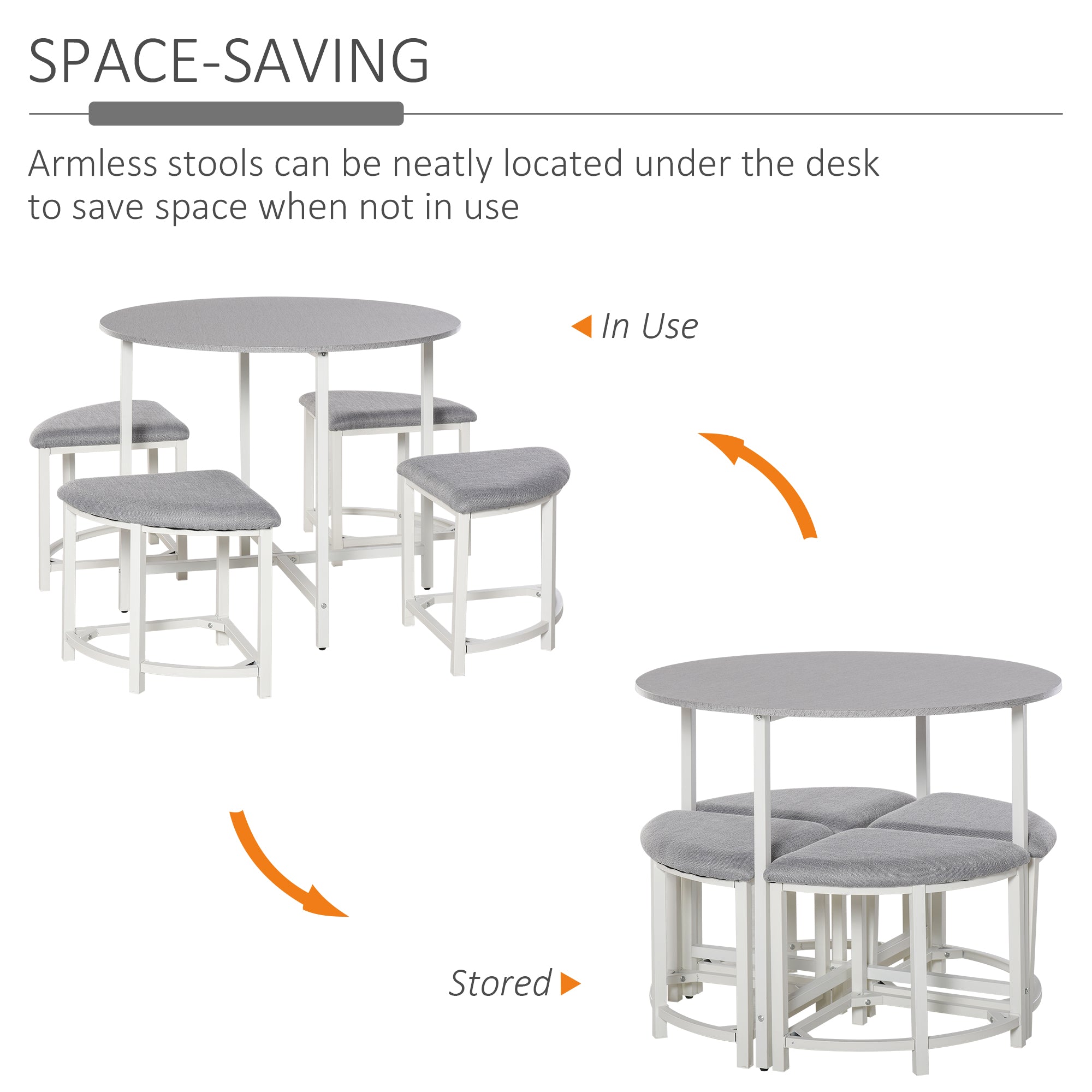 HOMCOM Modern Round Dining Table Set with 4 Upholstered Stools for Dining Room, Kitchen, Grey 